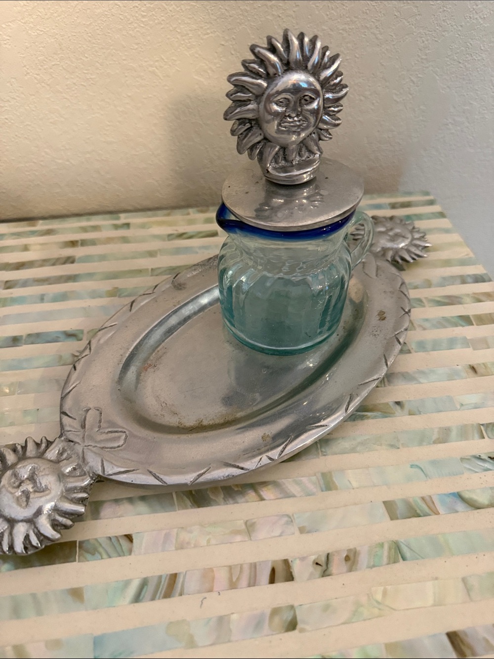 Sun Motif Dish with Blue-Rim Glass Jar